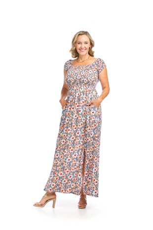 PD-16655 - DAISY SMOCKED OFF THE SHOULDER MAXI DRESS WITH POCKETS - Colors: AS SHOWN - Available Sizes:XS-XXL - Catalog Page:21 